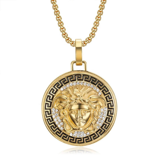 18k Gold Plated Hiphop Jewelry Stainless Steel Crystal Medusa Pendant Necklace for Men and Women