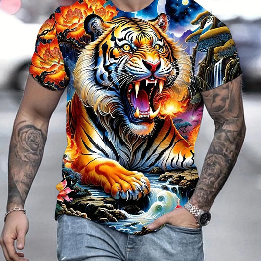 Tiger Print T-Shirt 3D Animal Men's Shirts Summer Short Sleeved Male Pullover Oversized T-shirts Casual Tops Tees Men Clothing