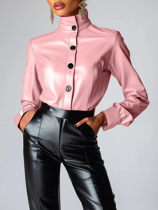 Women High Neck PU Leather Long Sleeve Blouse Single Breasted Solid Color Slim Leather T Shirt High Street Spring Streetwear