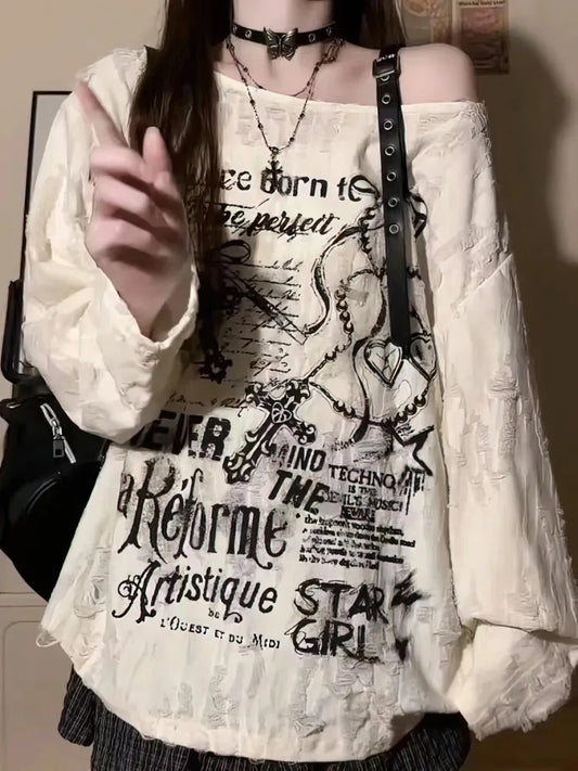 Vintage Y2K Oversize Off shoulder T shirt With Print Women Ripped Top Hole Long sleeve Baggy Basic T shirt Pulovers Ladies Tops