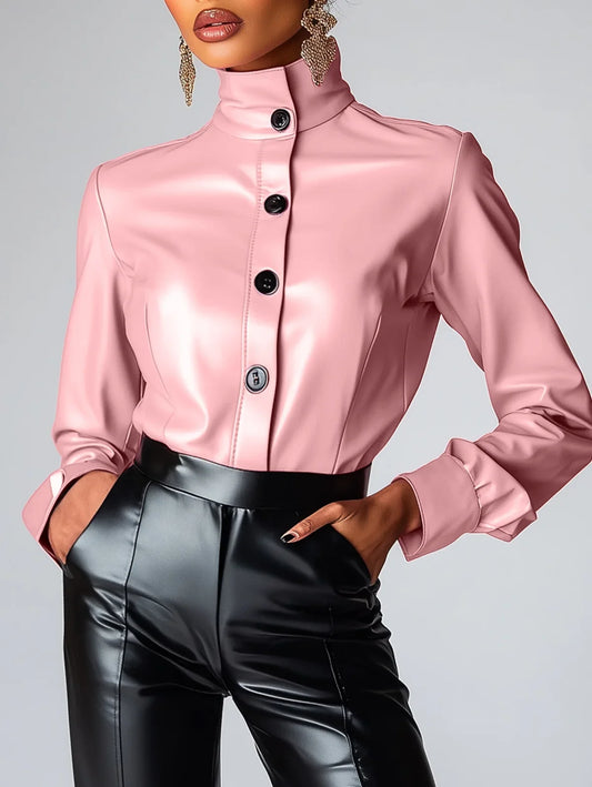 Women High Neck PU Leather Long Sleeve Blouse Single Breasted Solid Color Slim Leather T Shirt High Street Spring Streetwear