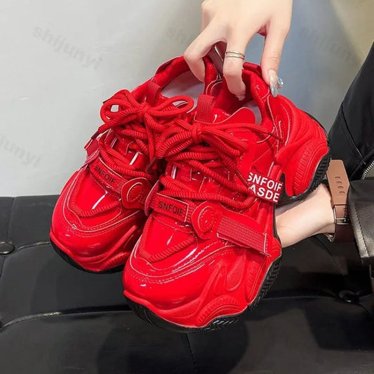 Women Chunky Sneakers Spring New Fashion Lace Up Red Platform Shoes Outdoor Trendy Versatile Casual Sports Shoes Zapatos Mujer