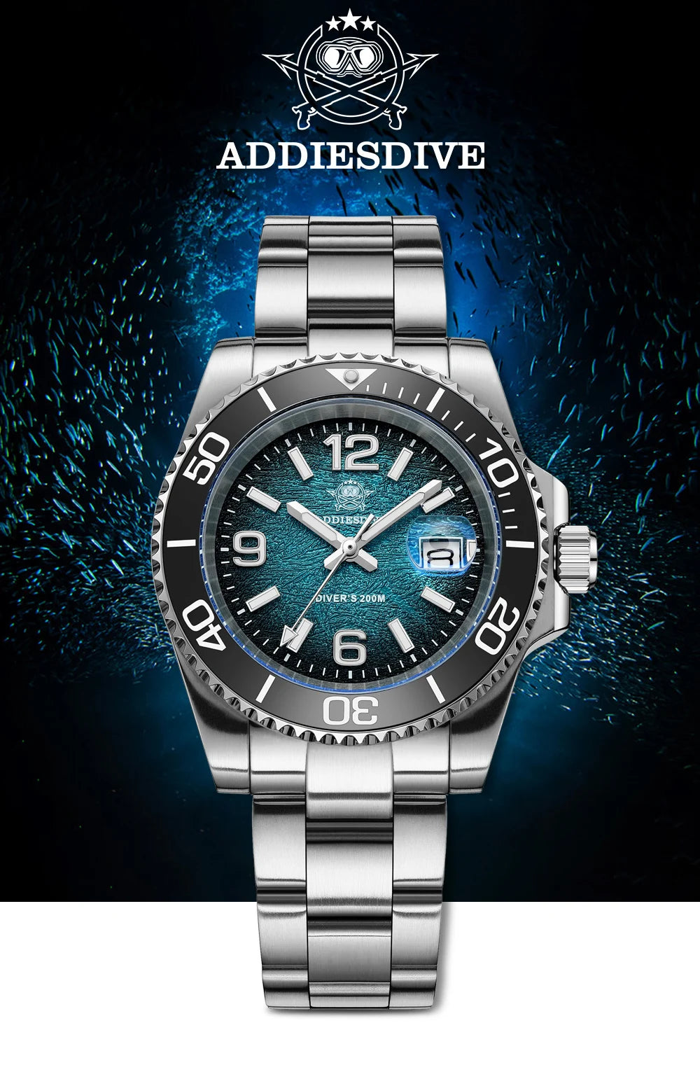 ADDIESDIVE 41mm Men's Diving Watch AD2513 200m Waterproof 316L Stainless Steel Quartz Wrist Watch Calendar BGW9 Super Luminous
