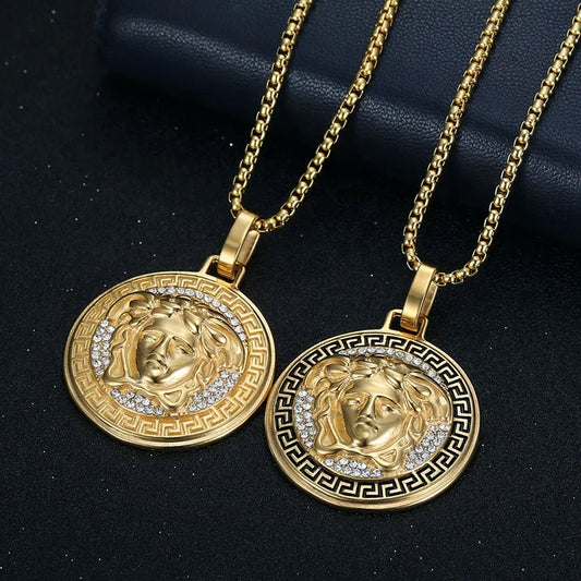 18k Gold Plated Hiphop Jewelry Stainless Steel Crystal Medusa Pendant Necklace for Men and Women