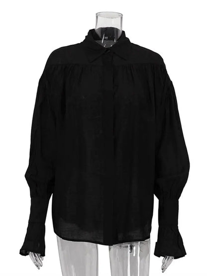 Tossy Casual Loose See-Through Shirts Women's Autumn Lapel Long Sleeve Patchwork Blouse Top Streetwear Female Solid Shirts Top