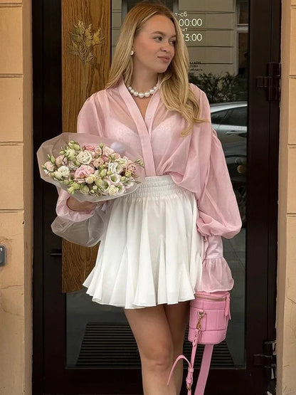 Tossy Casual Loose See-Through Shirts Women's Autumn Lapel Long Sleeve Patchwork Blouse Top Streetwear Female Solid Shirts Top