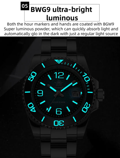 ADDIESDIVE 41mm Men's Diving Watch AD2513 200m Waterproof 316L Stainless Steel Quartz Wrist Watch Calendar BGW9 Super Luminous