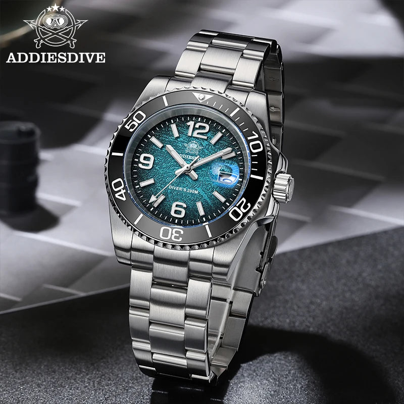 ADDIESDIVE 41mm Men's Diving Watch AD2513 200m Waterproof 316L Stainless Steel Quartz Wrist Watch Calendar BGW9 Super Luminous