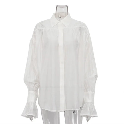 Tossy Casual Loose See-Through Shirts Women's Autumn Lapel Long Sleeve Patchwork Blouse Top Streetwear Female Solid Shirts Top